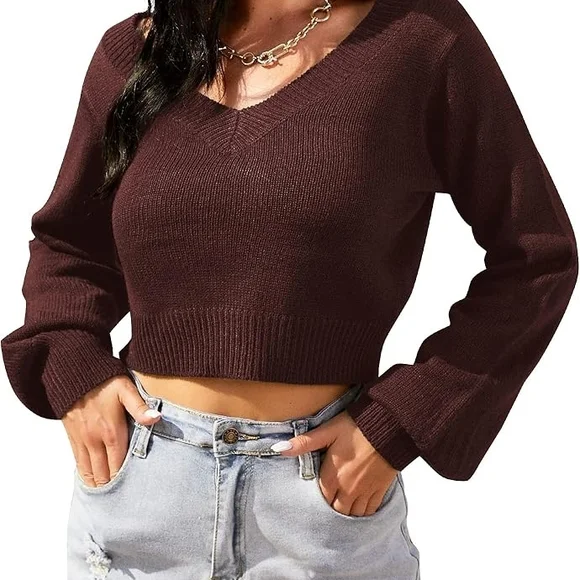 Cropped V-Neck Sweater | Deep Coffee - Picture 3 of 5